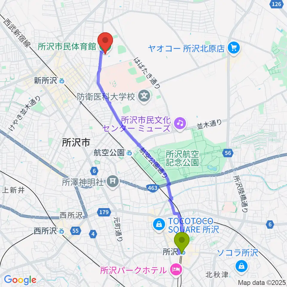 所沢駅から所沢市民体育館へのルートマップ地図