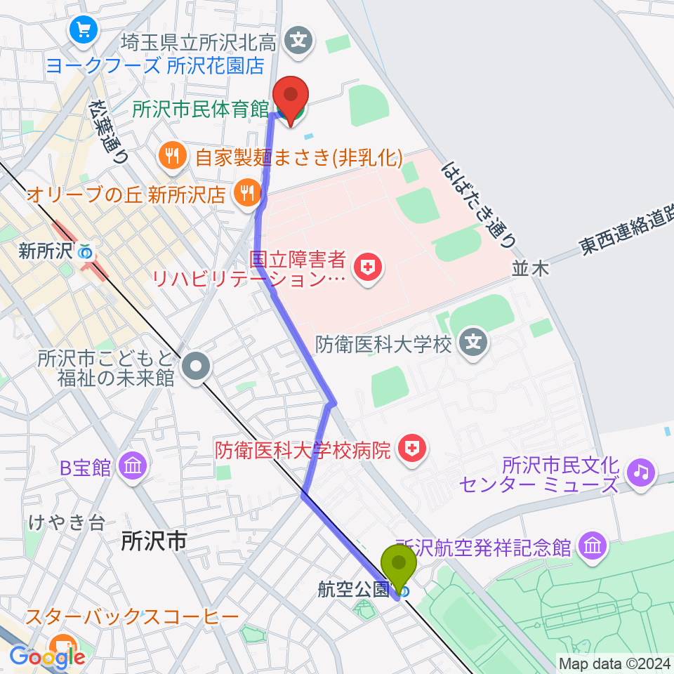 航空公園駅から所沢市民体育館へのルートマップ地図