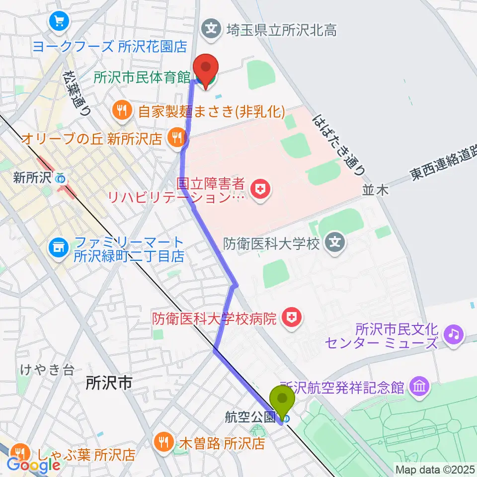 航空公園駅から所沢市民体育館へのルートマップ地図