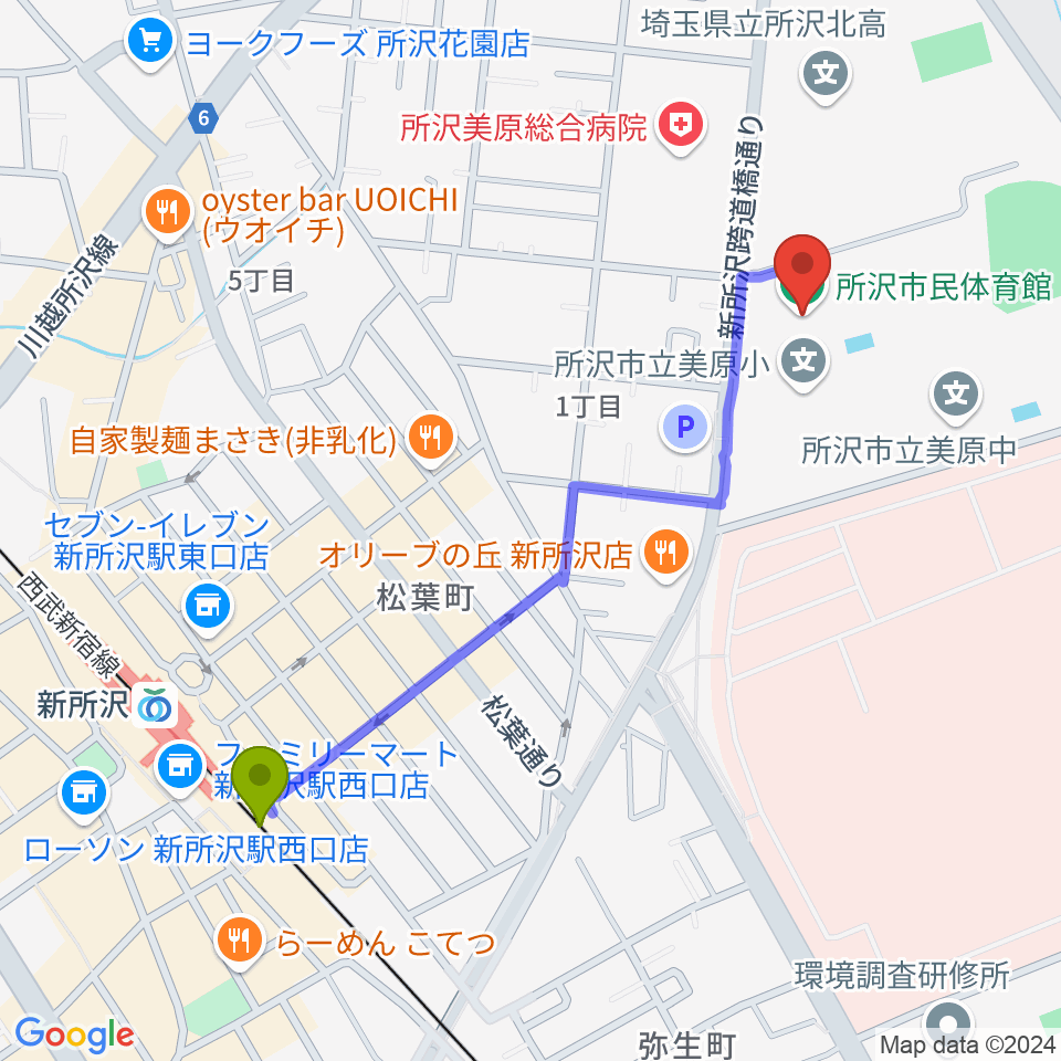 所沢市民体育館の最寄駅新所沢駅からの徒歩ルート（約11分）地図