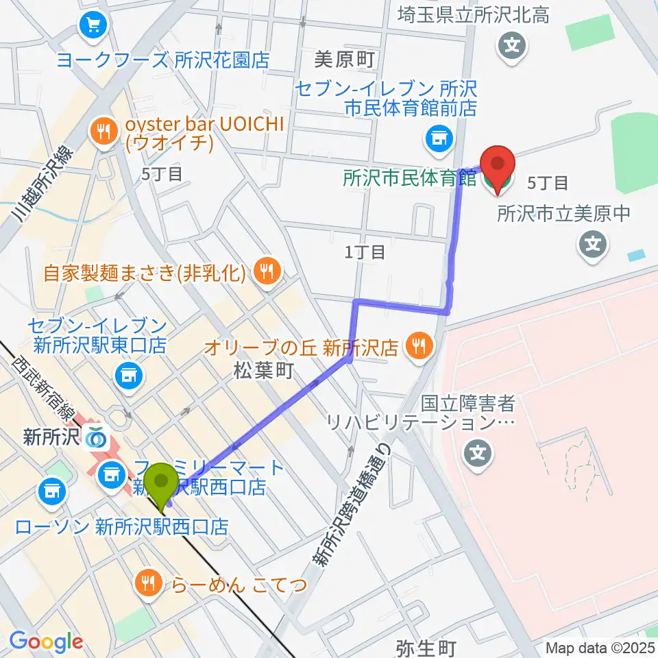 所沢市民体育館の最寄駅新所沢駅からの徒歩ルート（約11分）地図