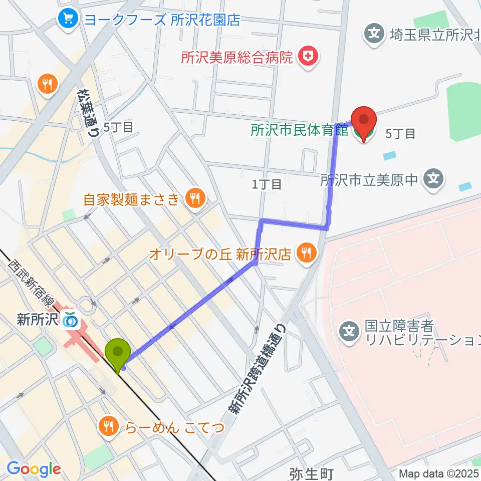 所沢市民体育館の最寄駅新所沢駅からの徒歩ルート（約11分）地図