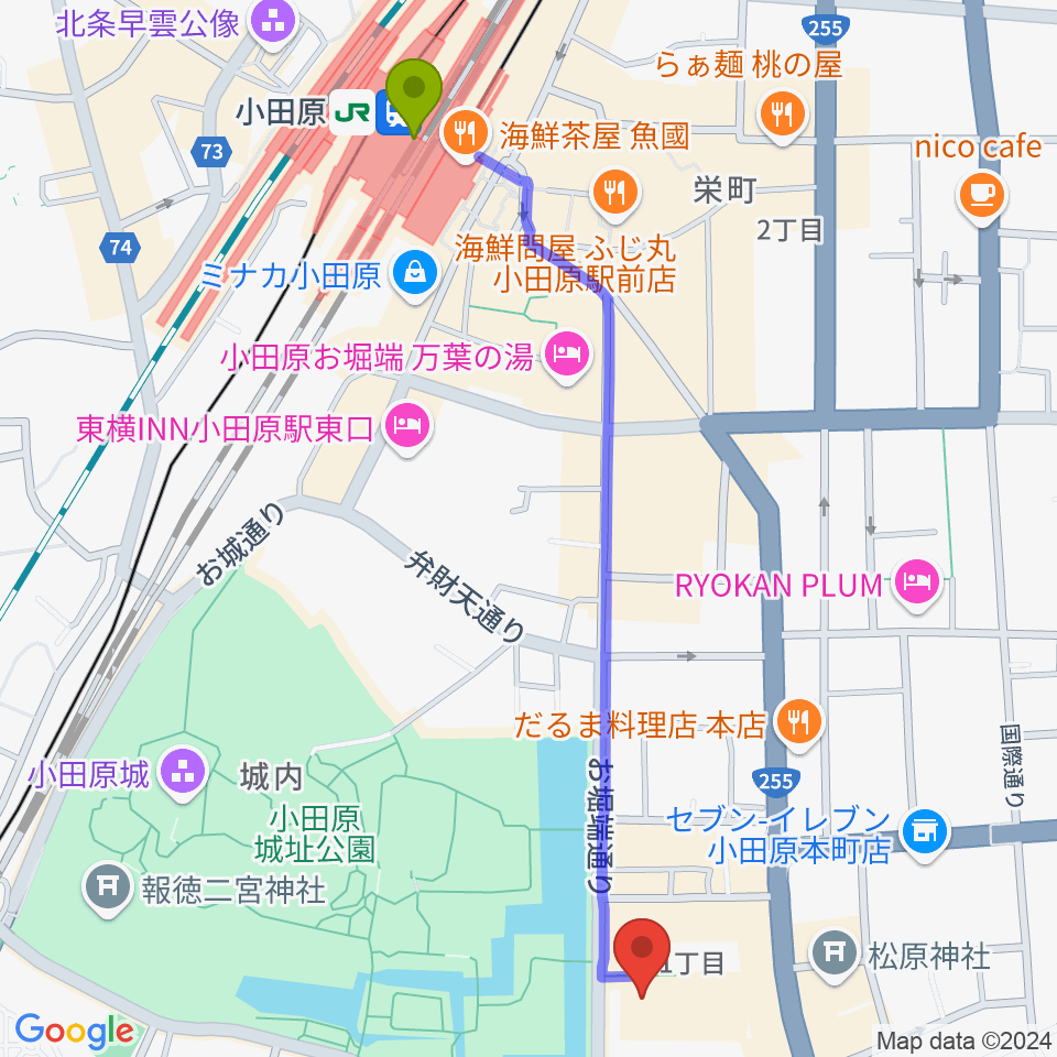 小田原三の丸ホールの最寄駅小田原駅からの徒歩ルート（約13分）地図