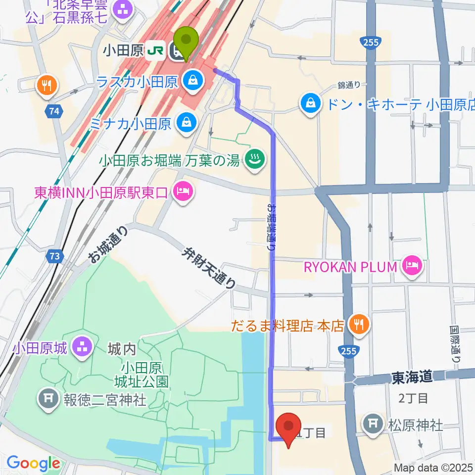 小田原三の丸ホールの最寄駅小田原駅からの徒歩ルート（約13分）地図