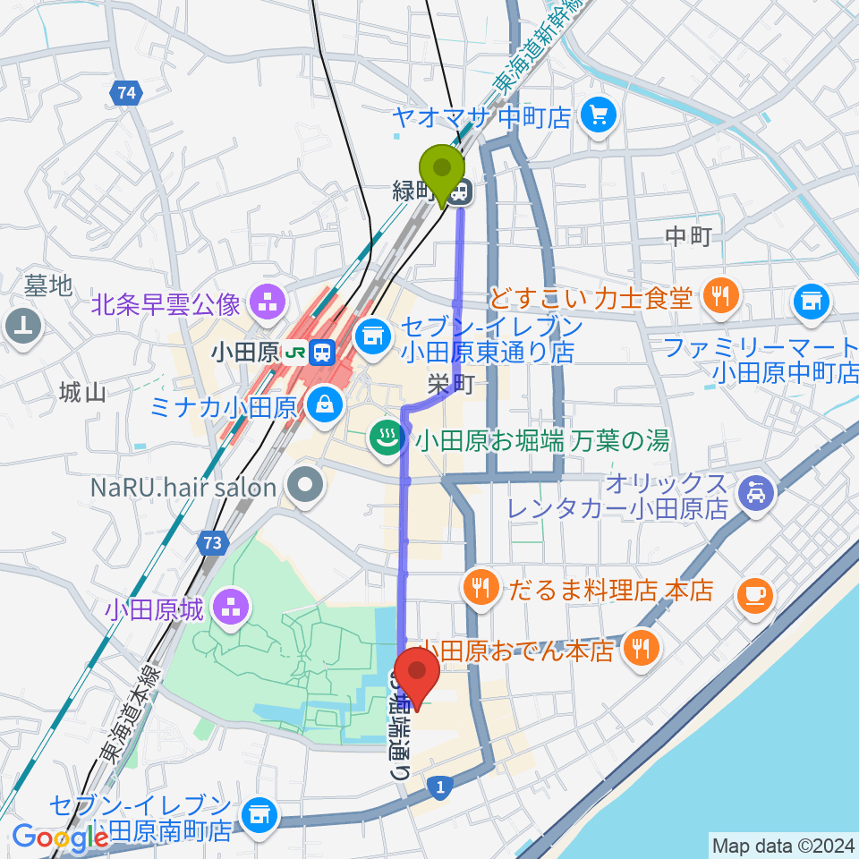 緑町駅から小田原三の丸ホールへのルートマップ地図