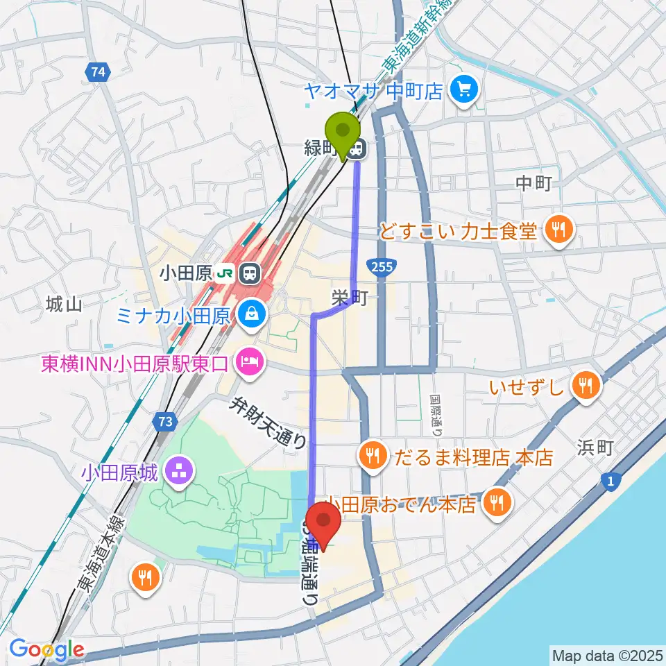緑町駅から小田原三の丸ホールへのルートマップ地図
