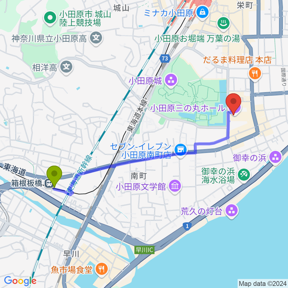 箱根板橋駅から小田原三の丸ホールへのルートマップ地図