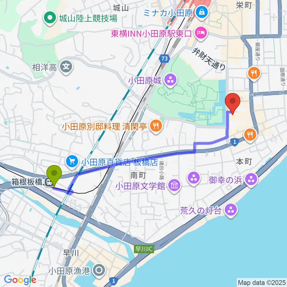 箱根板橋駅から小田原三の丸ホールへのルートマップ地図