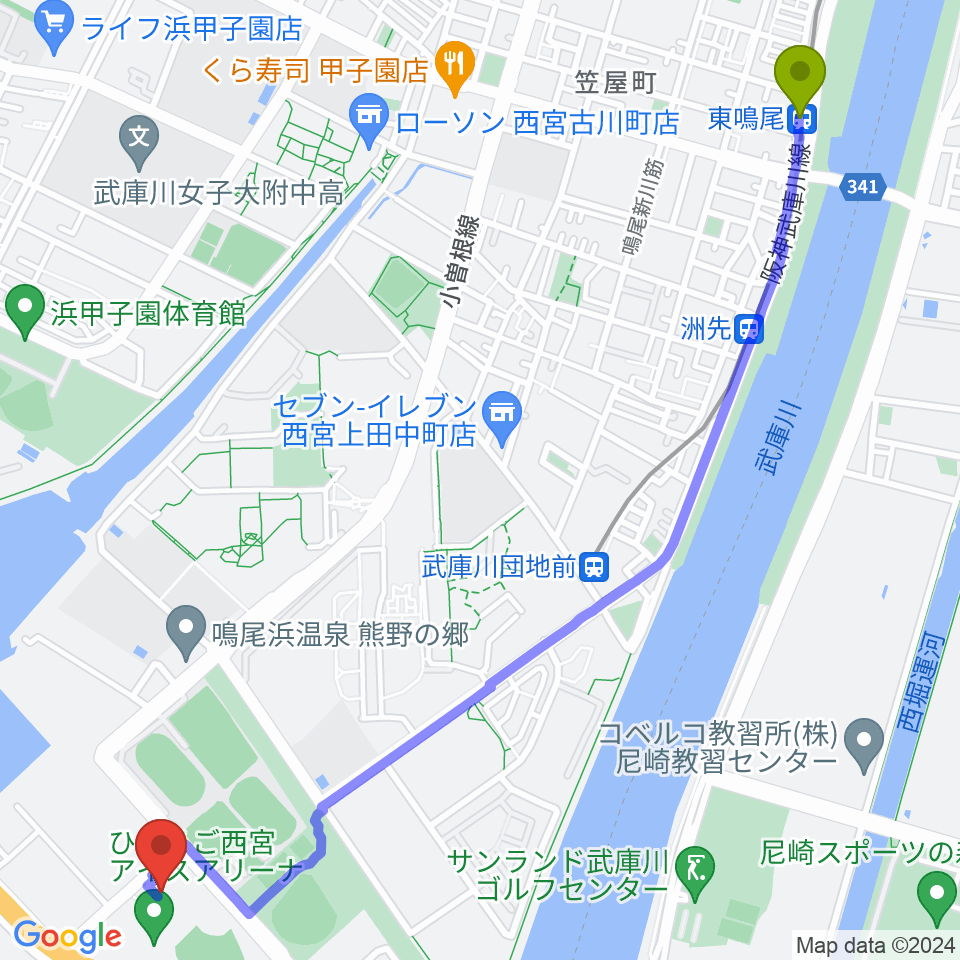 東鳴尾駅からライフパートナーアリーナへのルートマップ地図