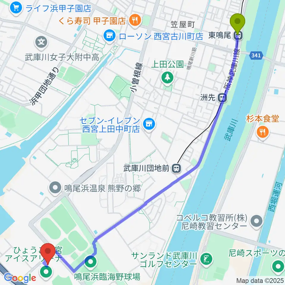 東鳴尾駅からライフパートナーアリーナへのルートマップ地図