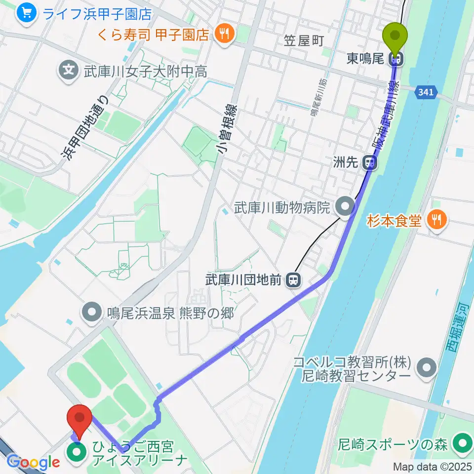 東鳴尾駅からライフパートナーアリーナへのルートマップ地図