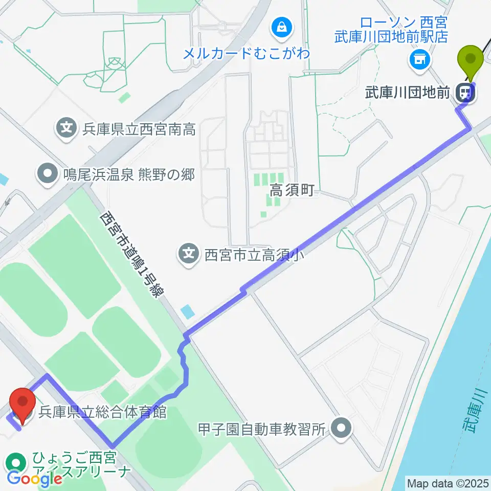 ライフパートナーアリーナの最寄駅武庫川団地前駅からの徒歩ルート（約18分）地図