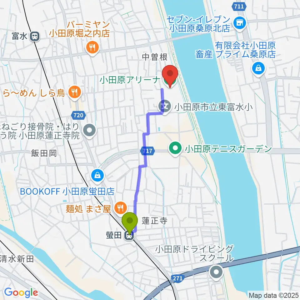 小田原アリーナの最寄駅螢田駅からの徒歩ルート（約16分）地図