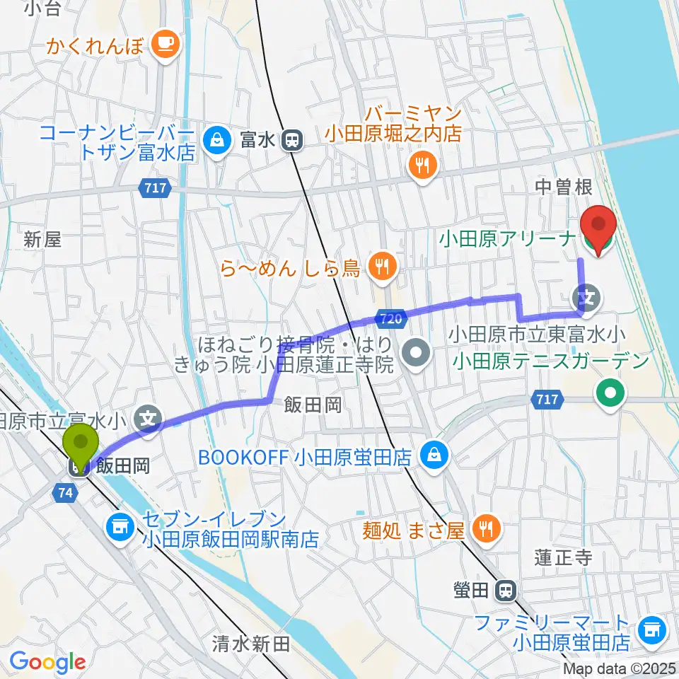 飯田岡駅から小田原アリーナへのルートマップ地図