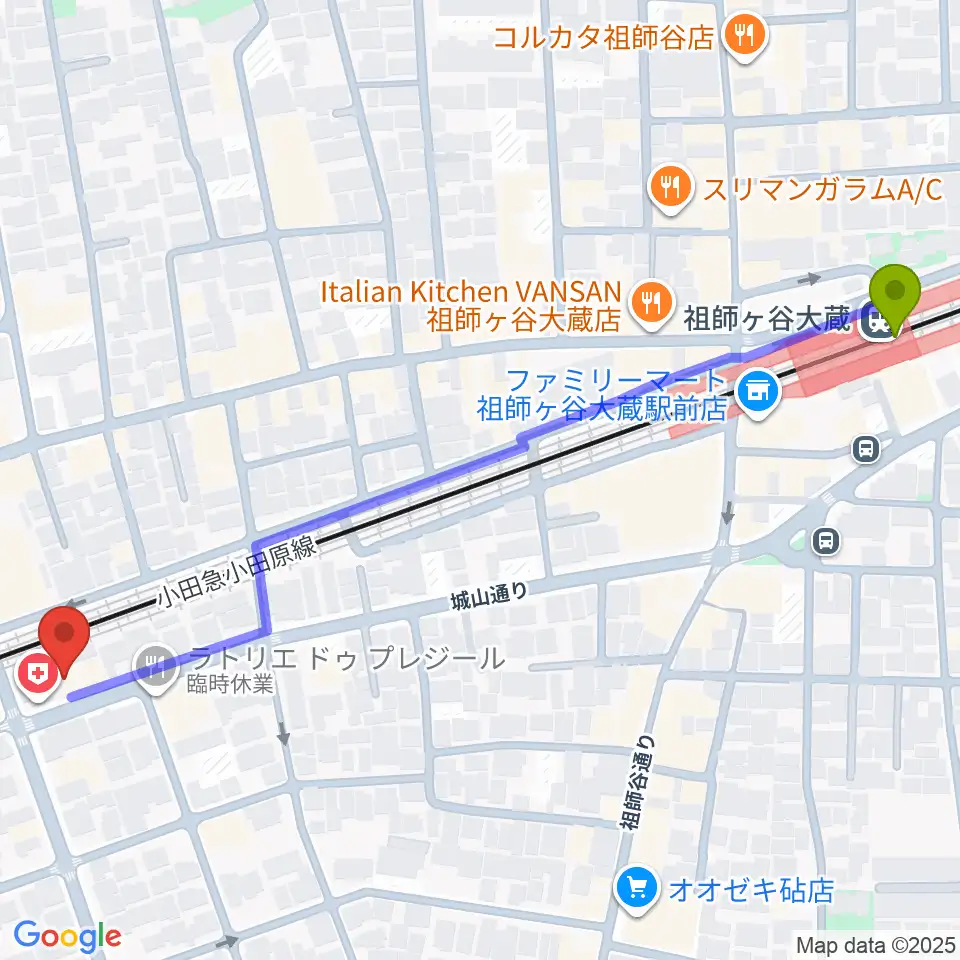 アブリールスタジオの最寄駅祖師ヶ谷大蔵駅からの徒歩ルート（約7分）地図
