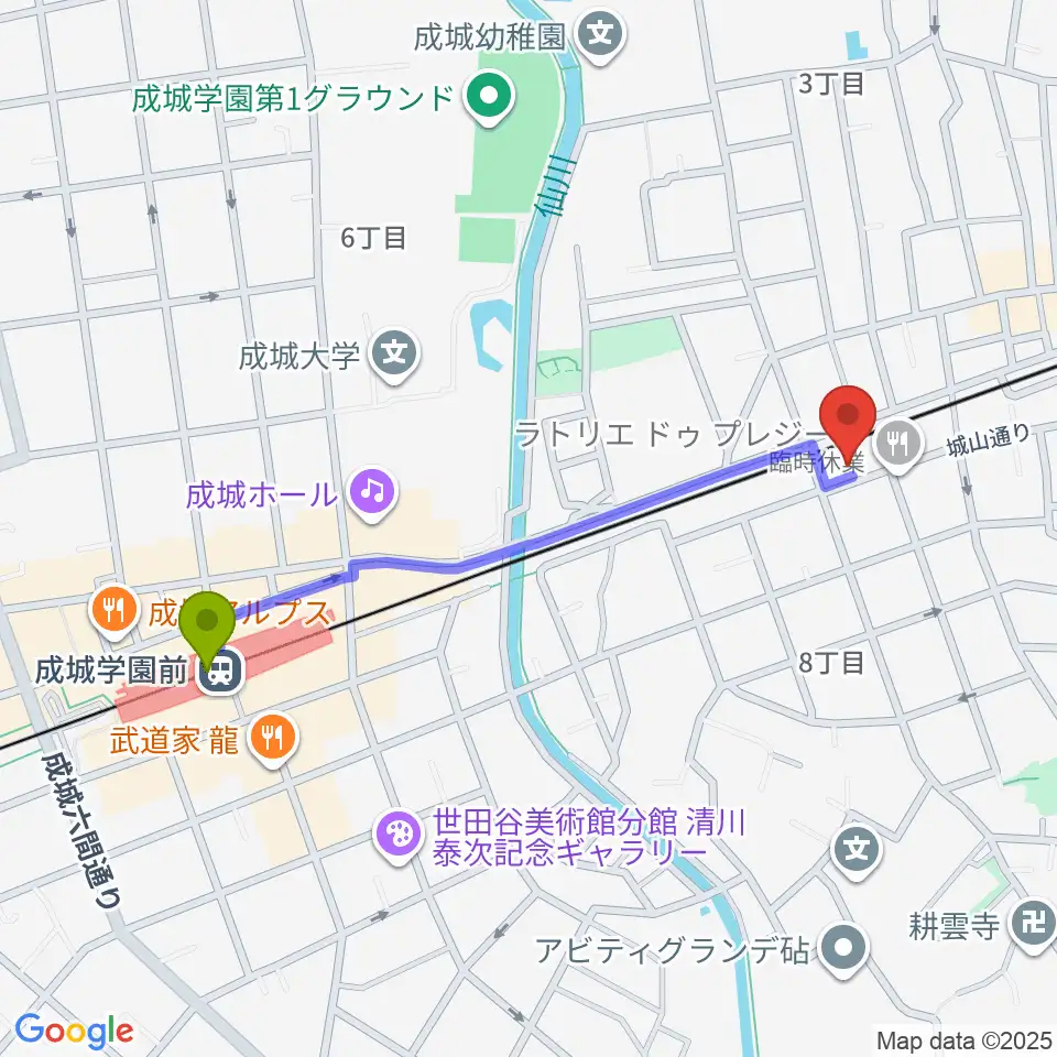 成城学園前駅からアブリールスタジオへのルートマップ地図