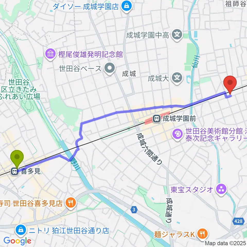 喜多見駅からアブリールスタジオへのルートマップ地図