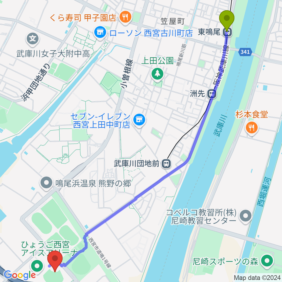 東鳴尾駅からタイガース・デン 阪神鳴尾浜球場へのルートマップ地図