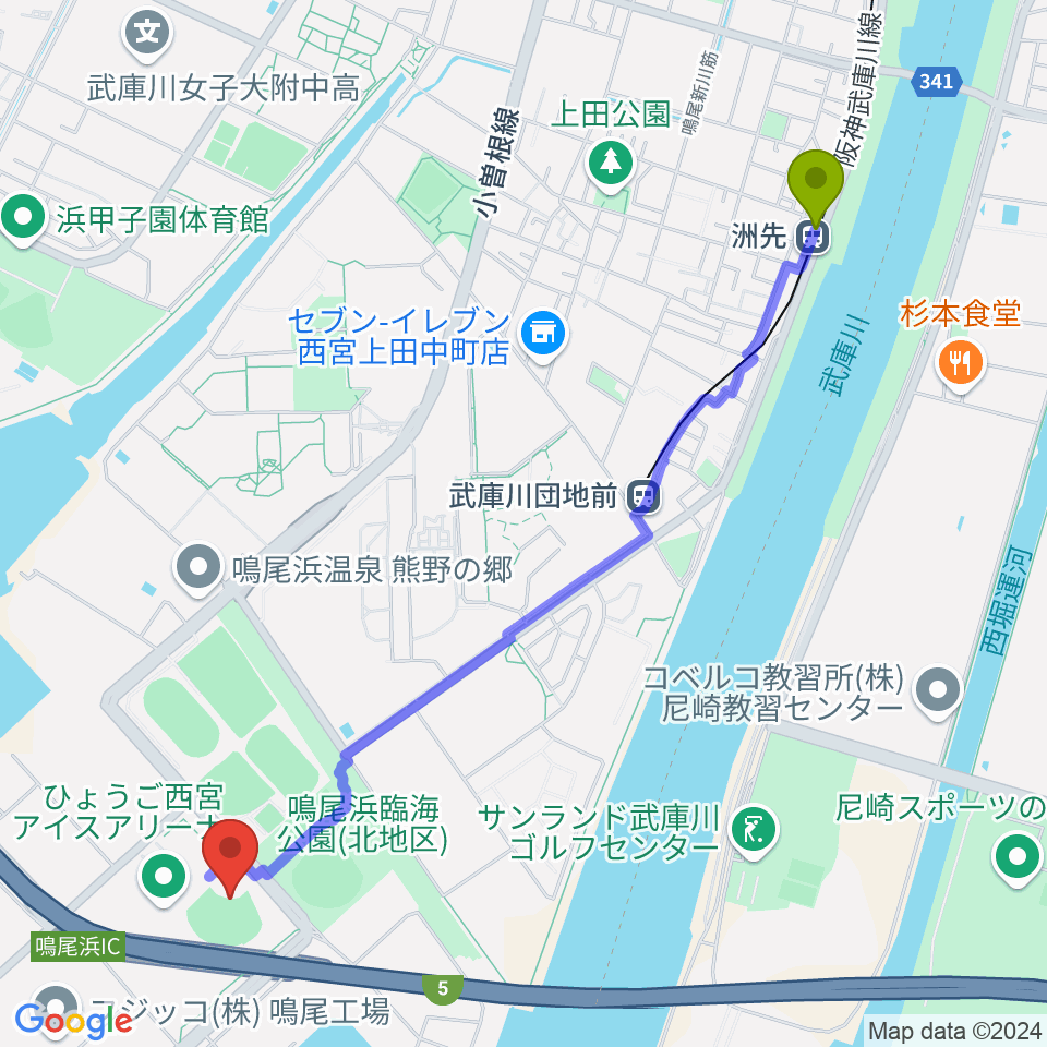 洲先駅からタイガース・デン 阪神鳴尾浜球場へのルートマップ地図