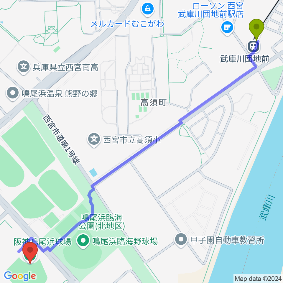 タイガース・デン 阪神鳴尾浜球場の最寄駅武庫川団地前駅からの徒歩ルート（約18分）地図