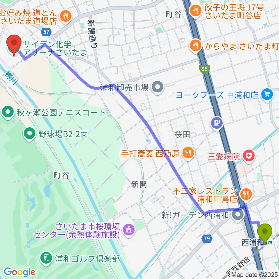 サイデン化学アリーナさいたまの最寄駅西浦和駅からの徒歩ルート（約35分）地図