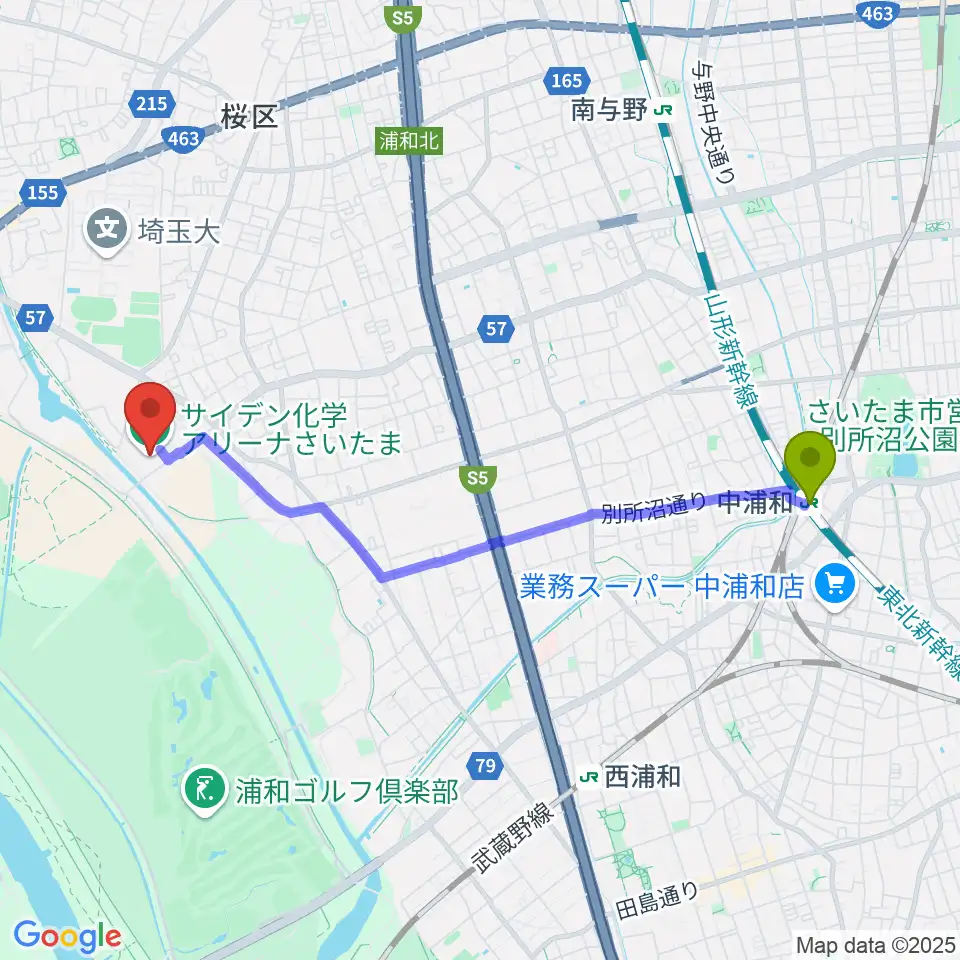 中浦和駅からサイデン化学アリーナさいたまへのルートマップ地図