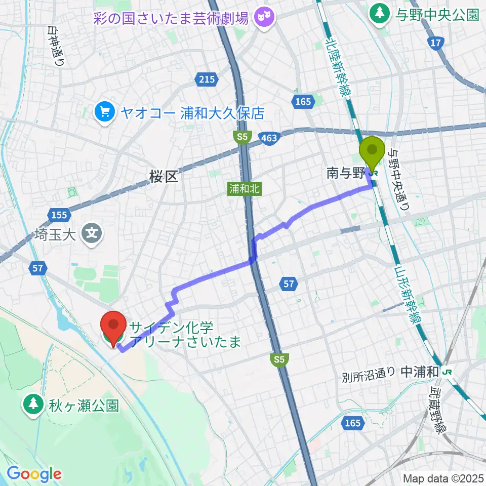 南与野駅からサイデン化学アリーナさいたまへのルートマップ地図