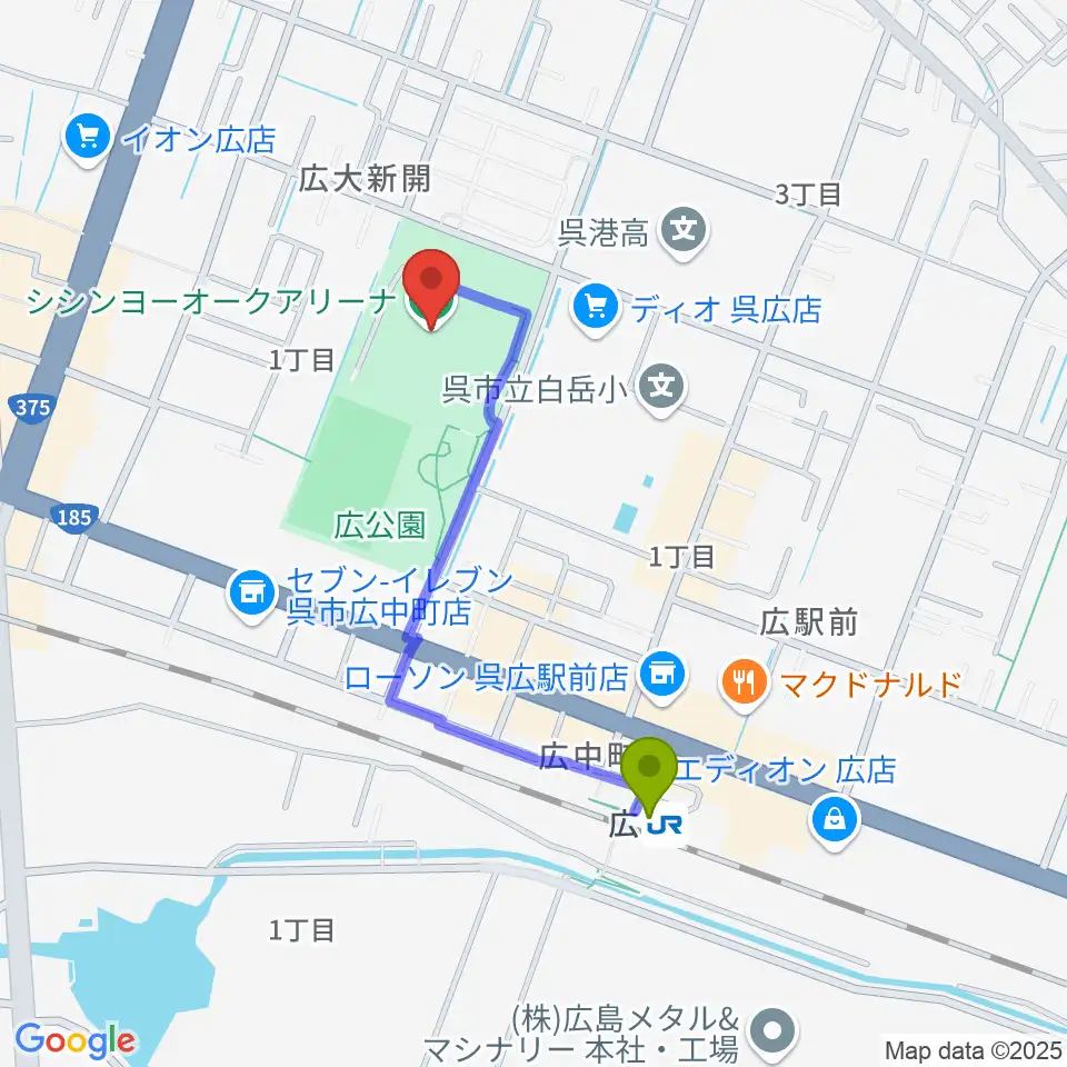 シシンヨーオークアリーナの最寄駅広駅からの徒歩ルート（約8分）地図