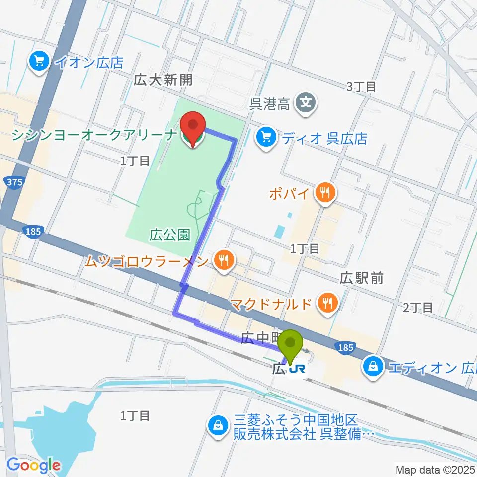 シシンヨーオークアリーナの最寄駅広駅からの徒歩ルート（約8分）地図