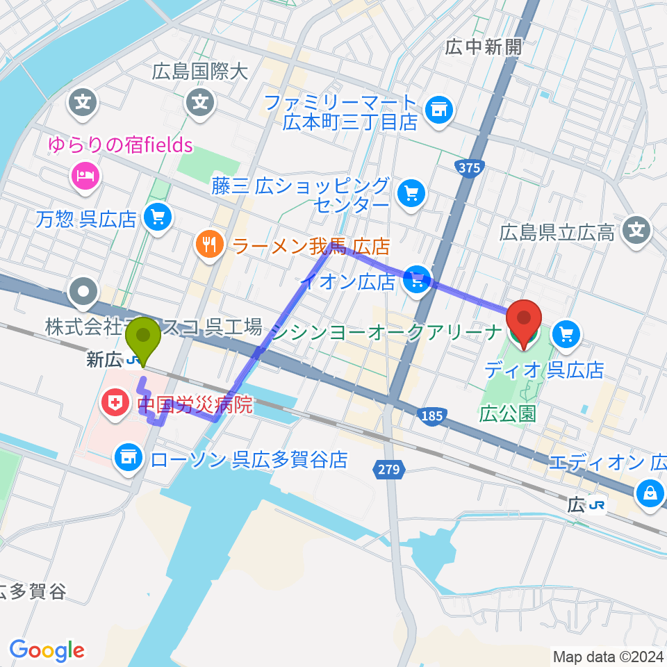 新広駅からシシンヨーオークアリーナ 呉市総合体育館へのルートマップ地図