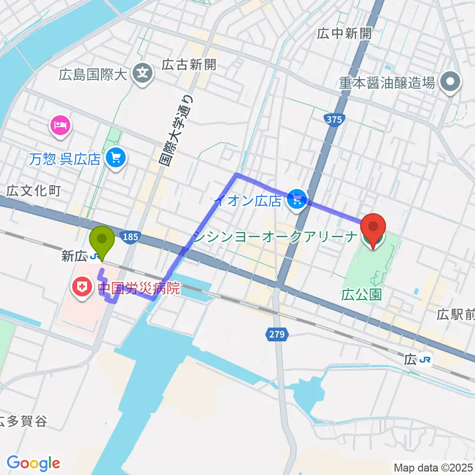 新広駅からシシンヨーオークアリーナへのルートマップ地図