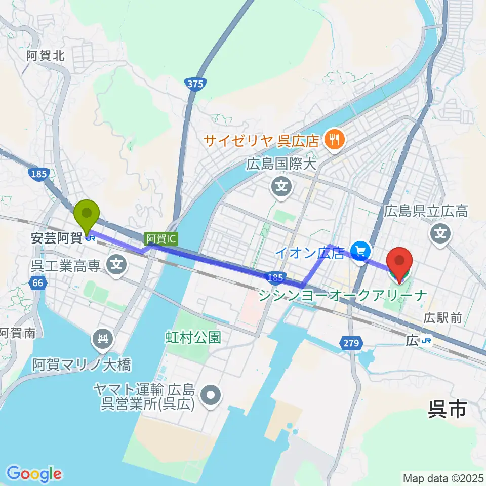 安芸阿賀駅からシシンヨーオークアリーナへのルートマップ地図