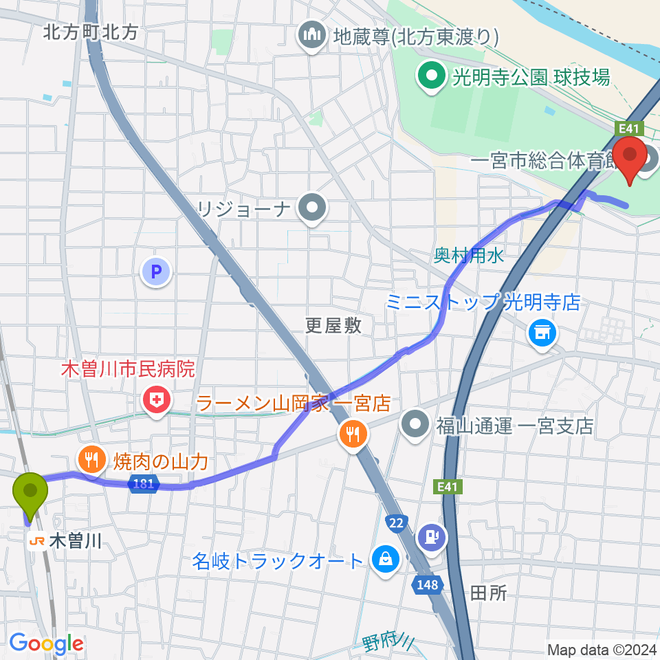 一宮市総合体育館 いちい信金アリーナの最寄駅木曽川駅からの徒歩ルート（約32分）地図