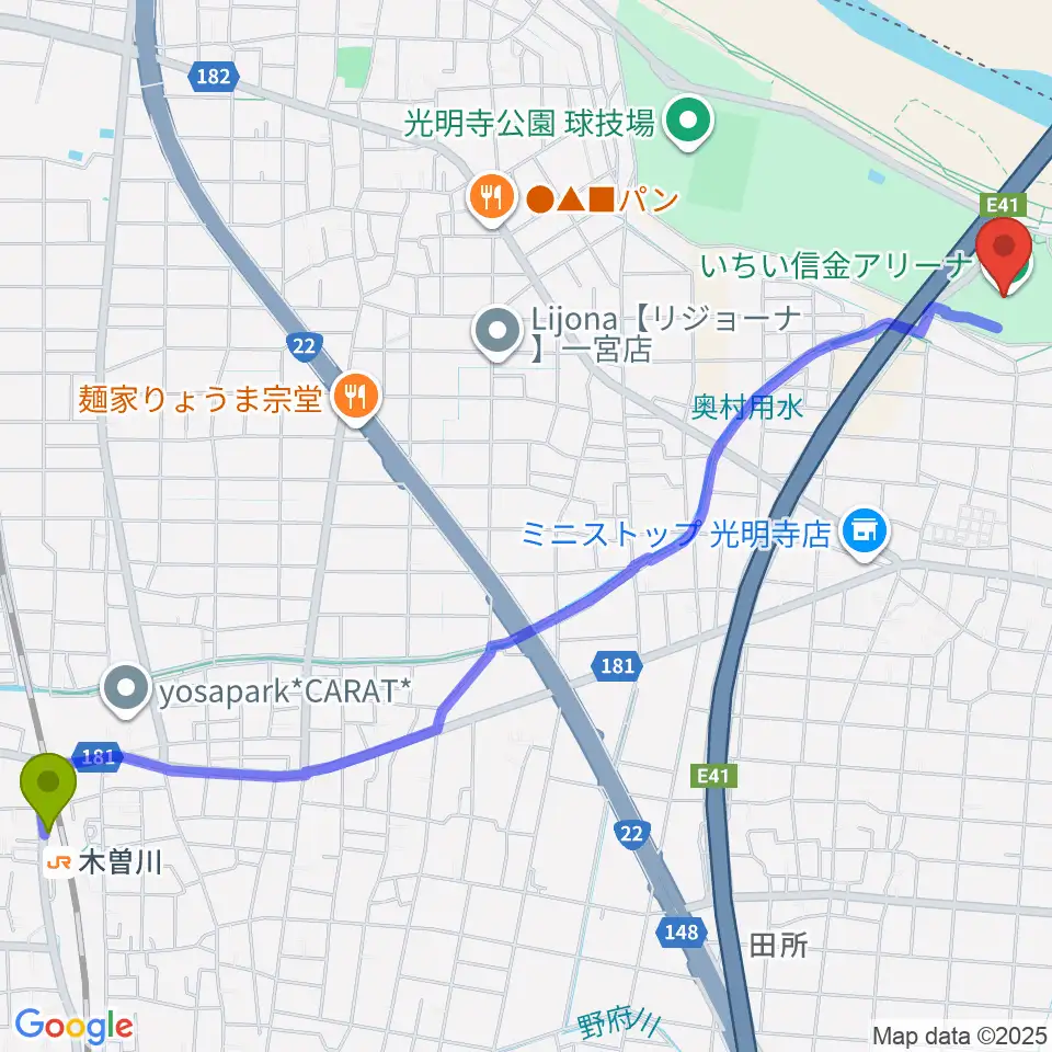 一宮市総合体育館 いちい信金アリーナの最寄駅木曽川駅からの徒歩ルート（約32分）地図