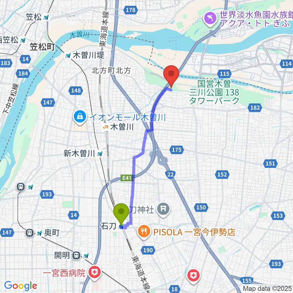 石刀駅から一宮市総合体育館 いちい信金アリーナへのルートマップ地図