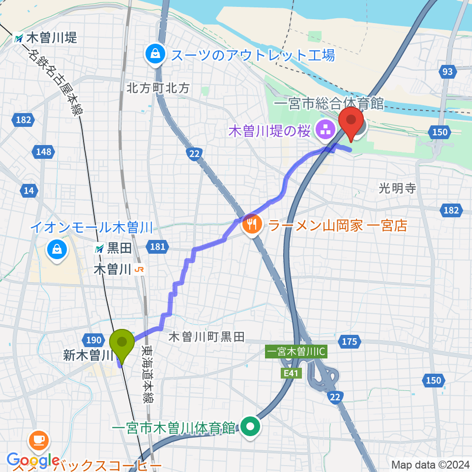 新木曽川駅から一宮市総合体育館 いちい信金アリーナへのルートマップ地図