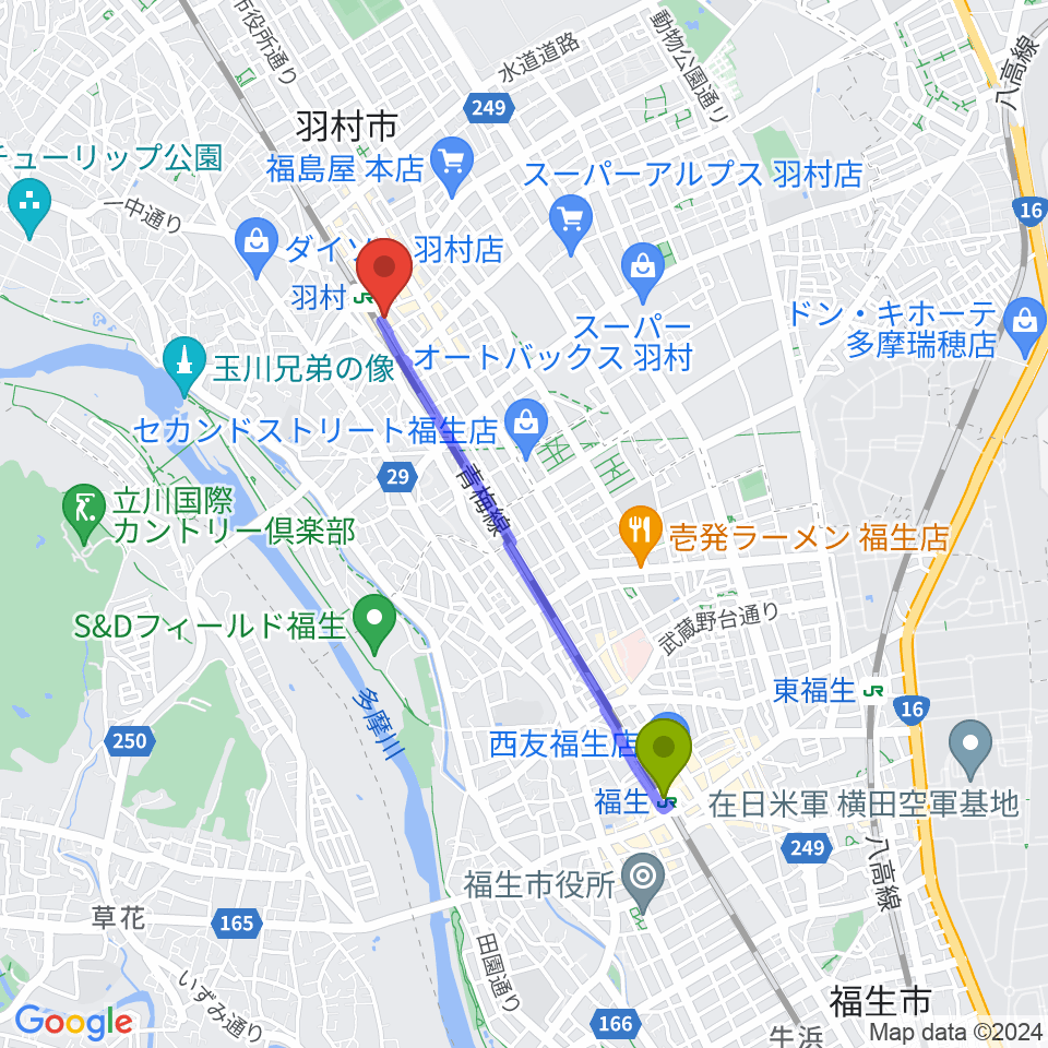 福生駅からミスターボージャングルへのルートマップ地図