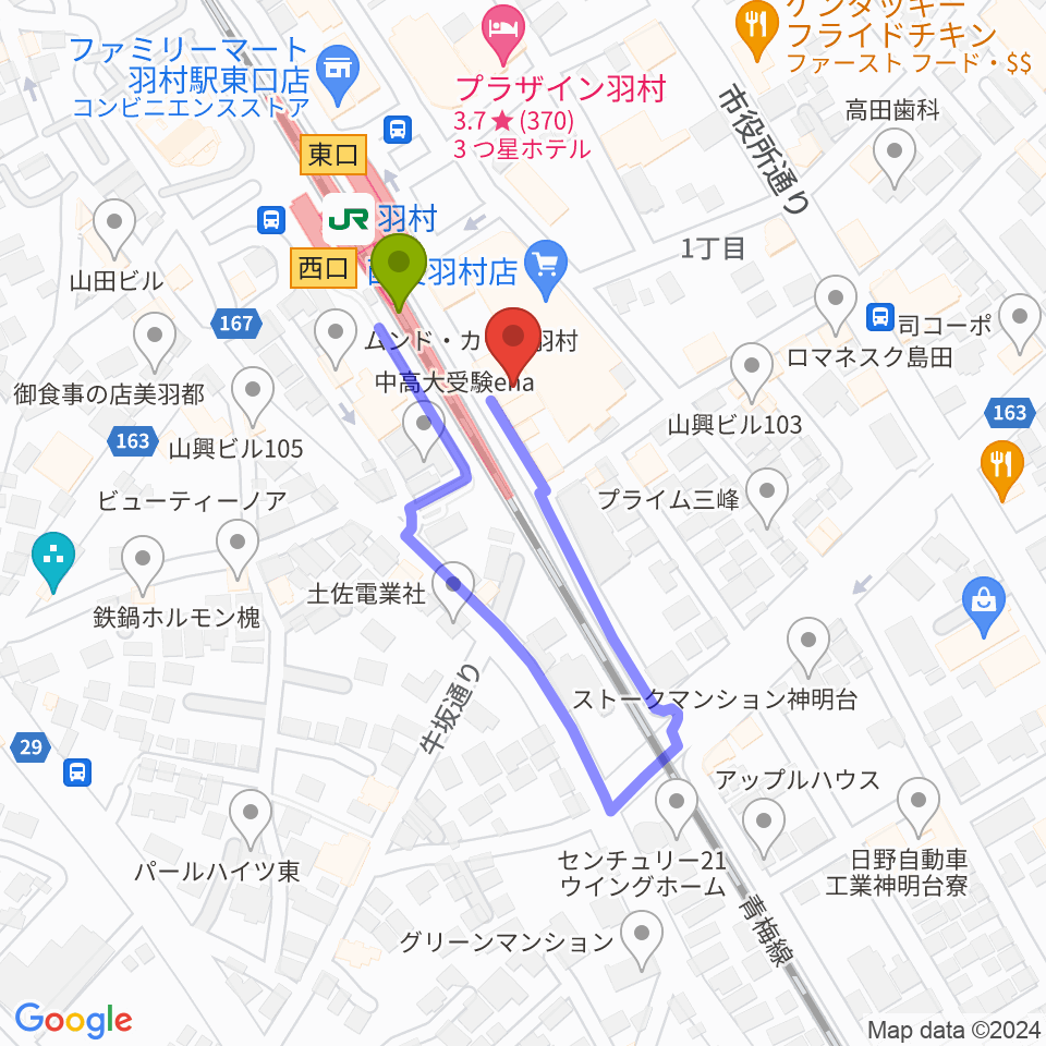 ミスターボージャングルの最寄駅羽村駅からの徒歩ルート（約1分）地図