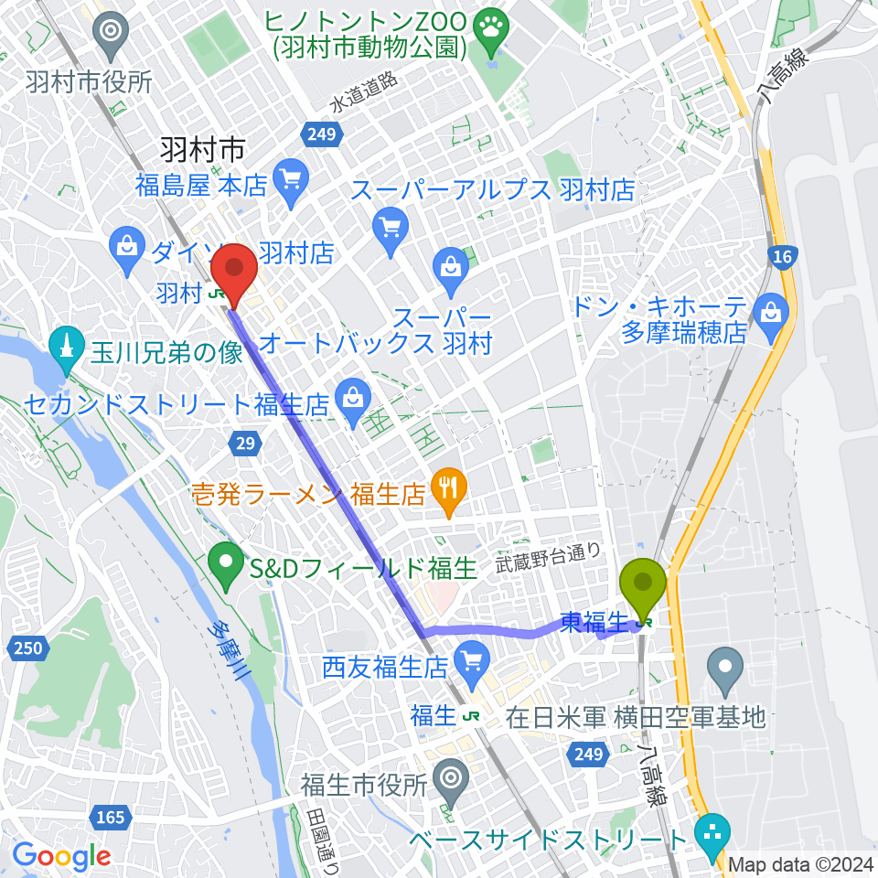 東福生駅からミスターボージャングルへのルートマップ地図