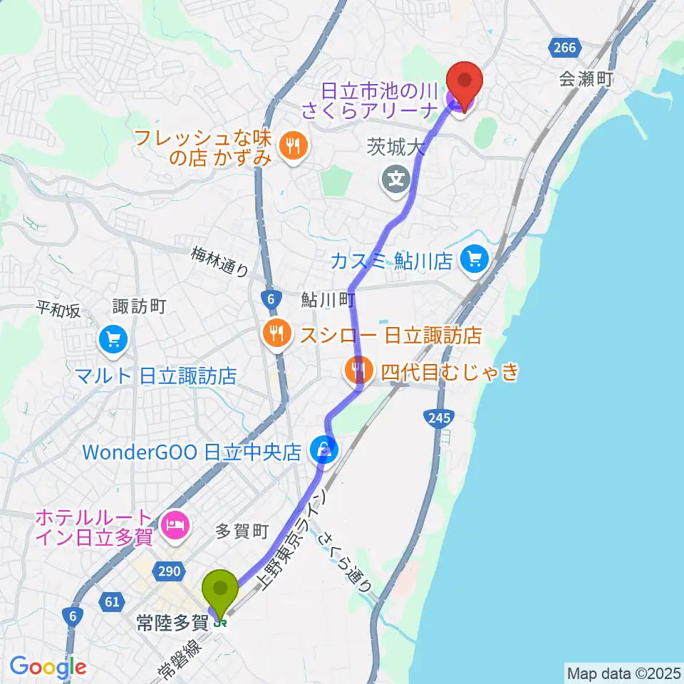 常陸多賀駅から日立市池の川さくらアリーナへのルートマップ地図