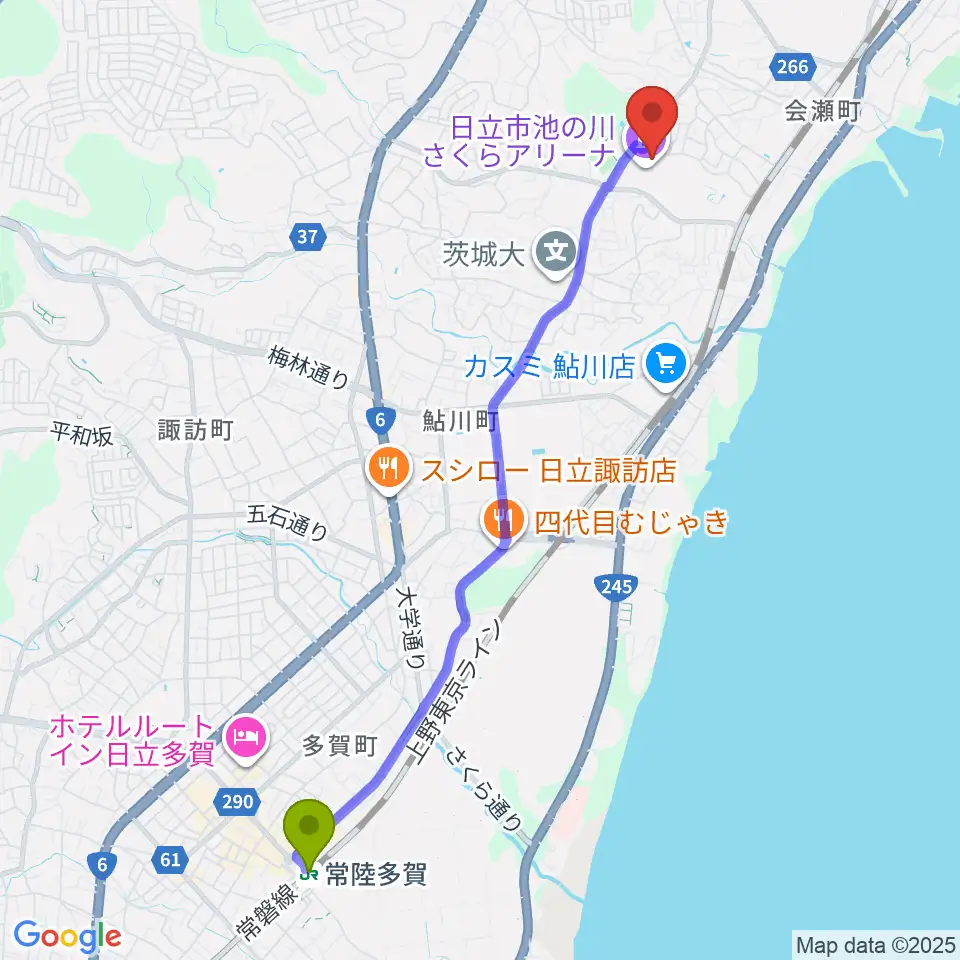 常陸多賀駅から日立市池の川さくらアリーナへのルートマップ地図
