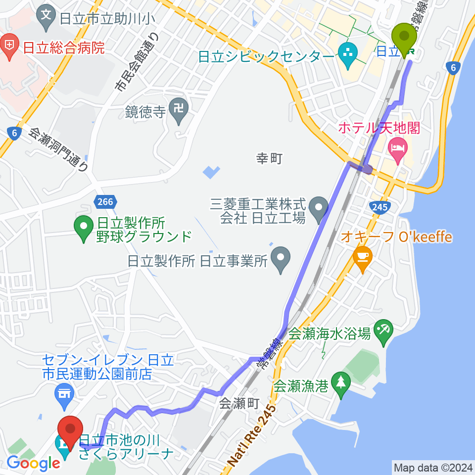 日立市池の川さくらアリーナの最寄駅日立駅からの徒歩ルート（約33分）地図