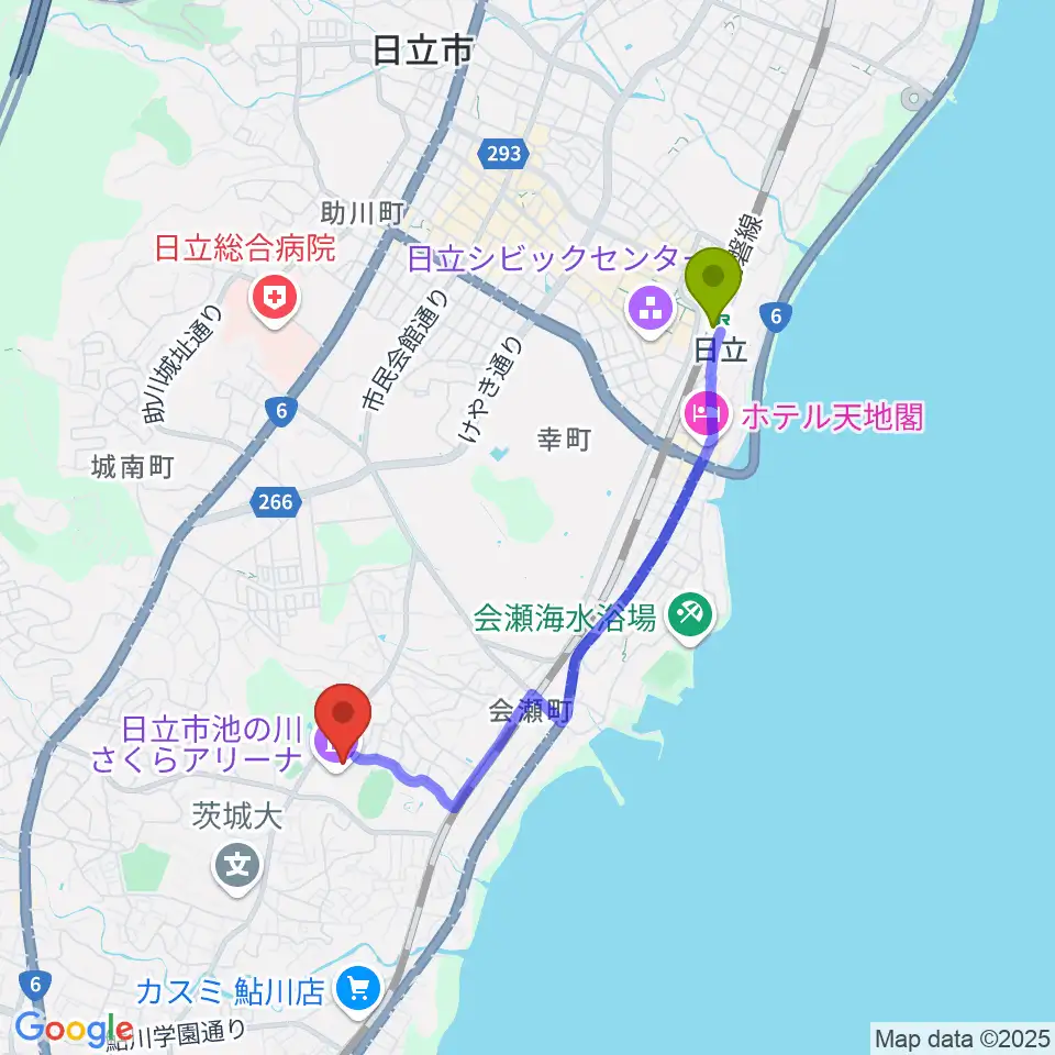 日立市池の川さくらアリーナの最寄駅日立駅からの徒歩ルート（約33分）地図