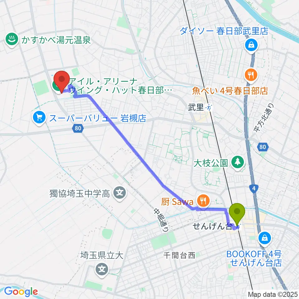 せんげん台駅からアイル･アリーナ ウイング・ハット春日部へのルートマップ地図