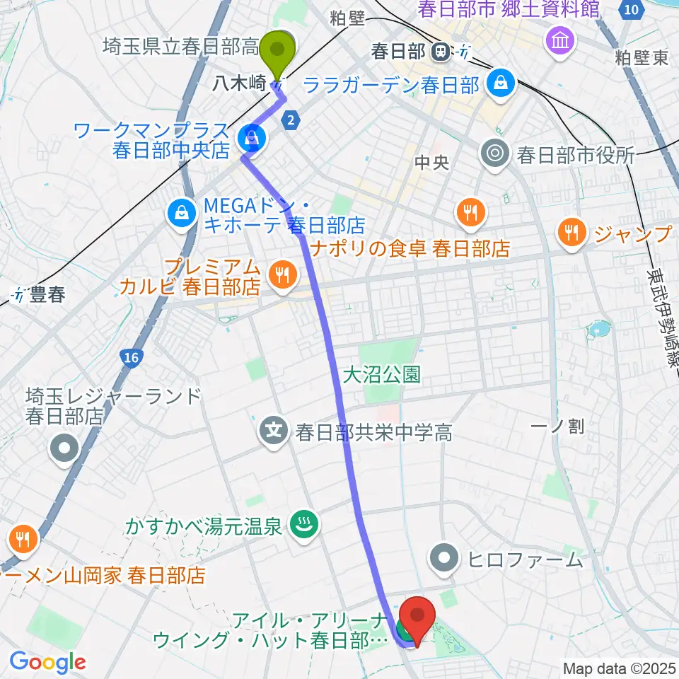 八木崎駅からアイル･アリーナ ウイング・ハット春日部へのルートマップ地図