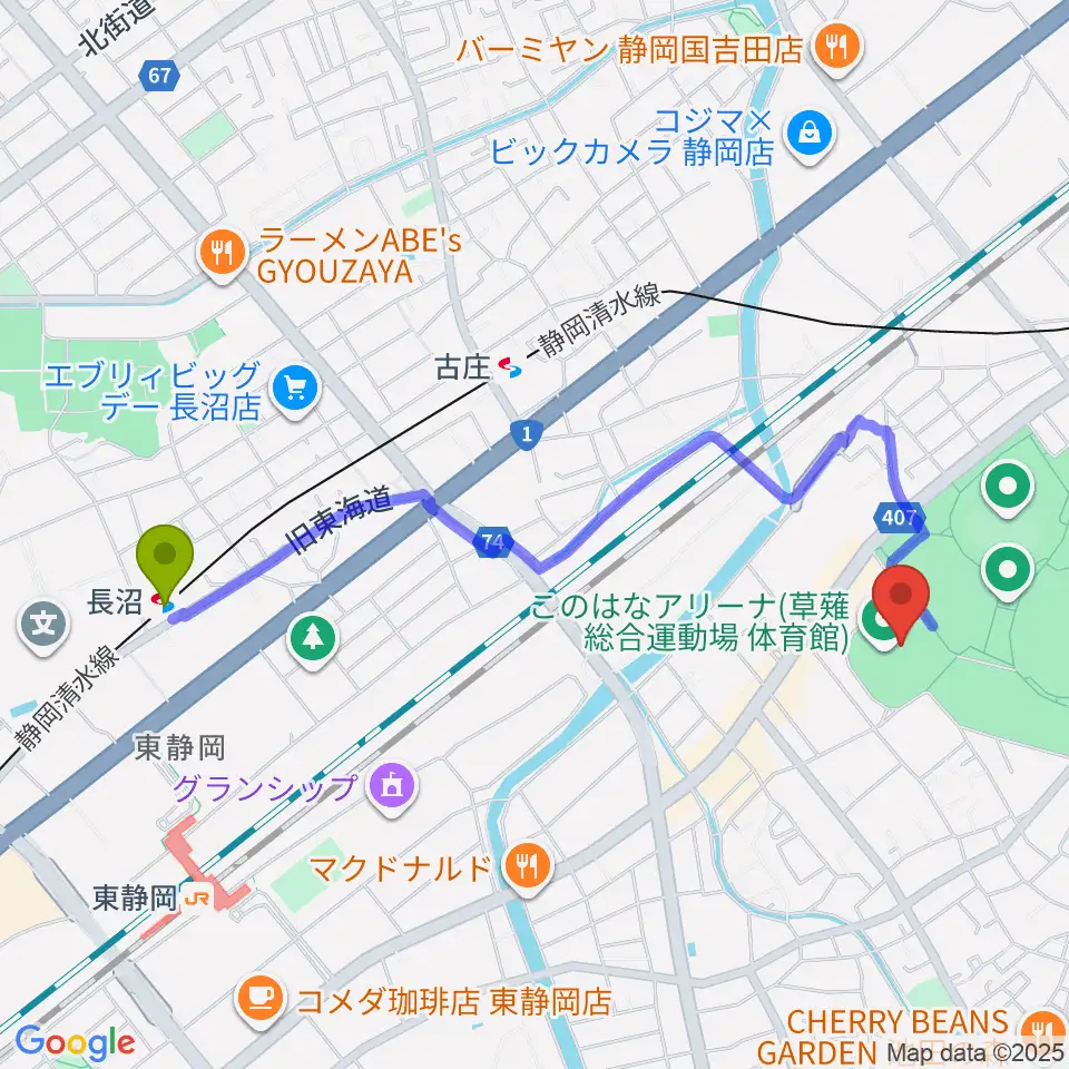 長沼駅から草薙総合運動場体育館へのルートマップ地図