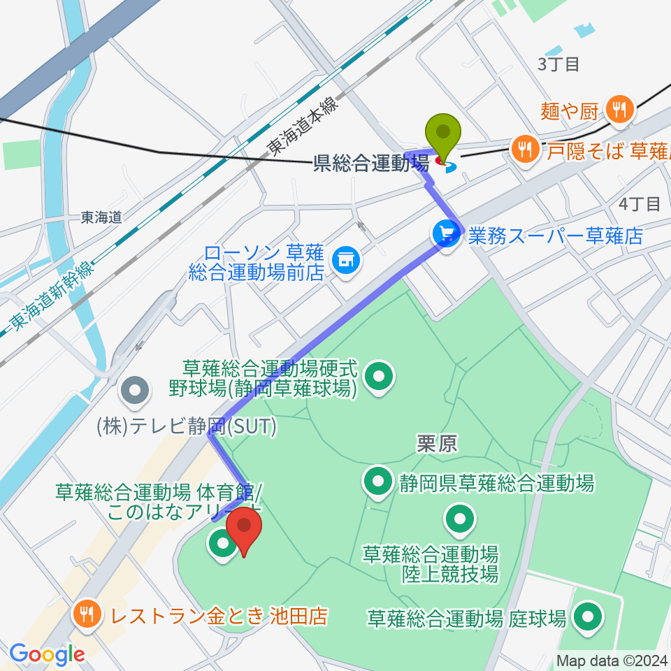 このはなアリーナ 草薙総合運動場体育館の最寄駅県総合運動場駅からの徒歩ルート（約10分）地図