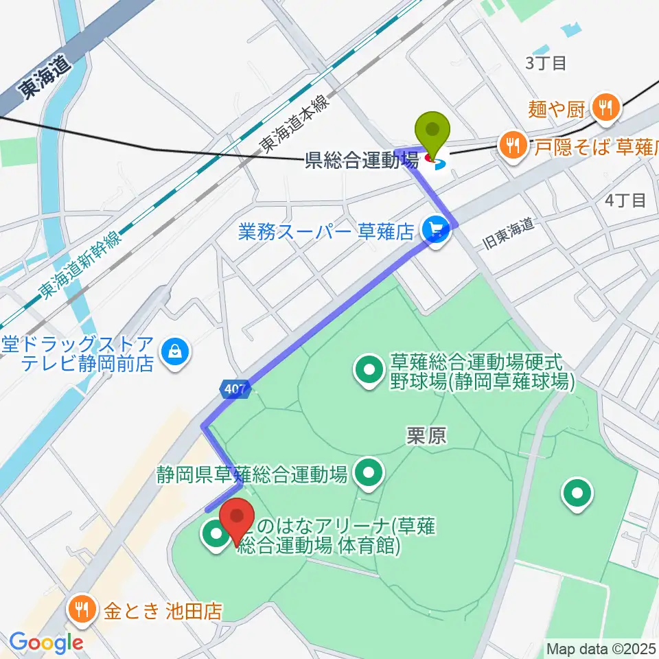草薙総合運動場体育館の最寄駅県総合運動場駅からの徒歩ルート（約10分）地図