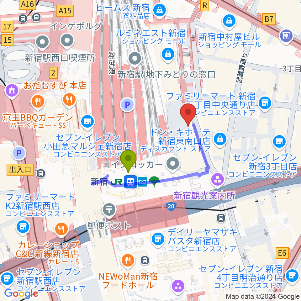 新宿シネマカリテの最寄駅新宿駅からの徒歩ルート（約2分）地図