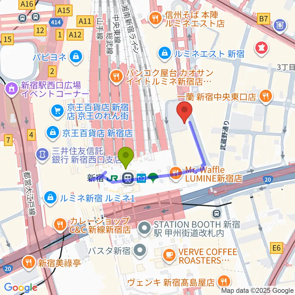新宿シネマカリテの最寄駅新宿駅からの徒歩ルート（約2分）地図